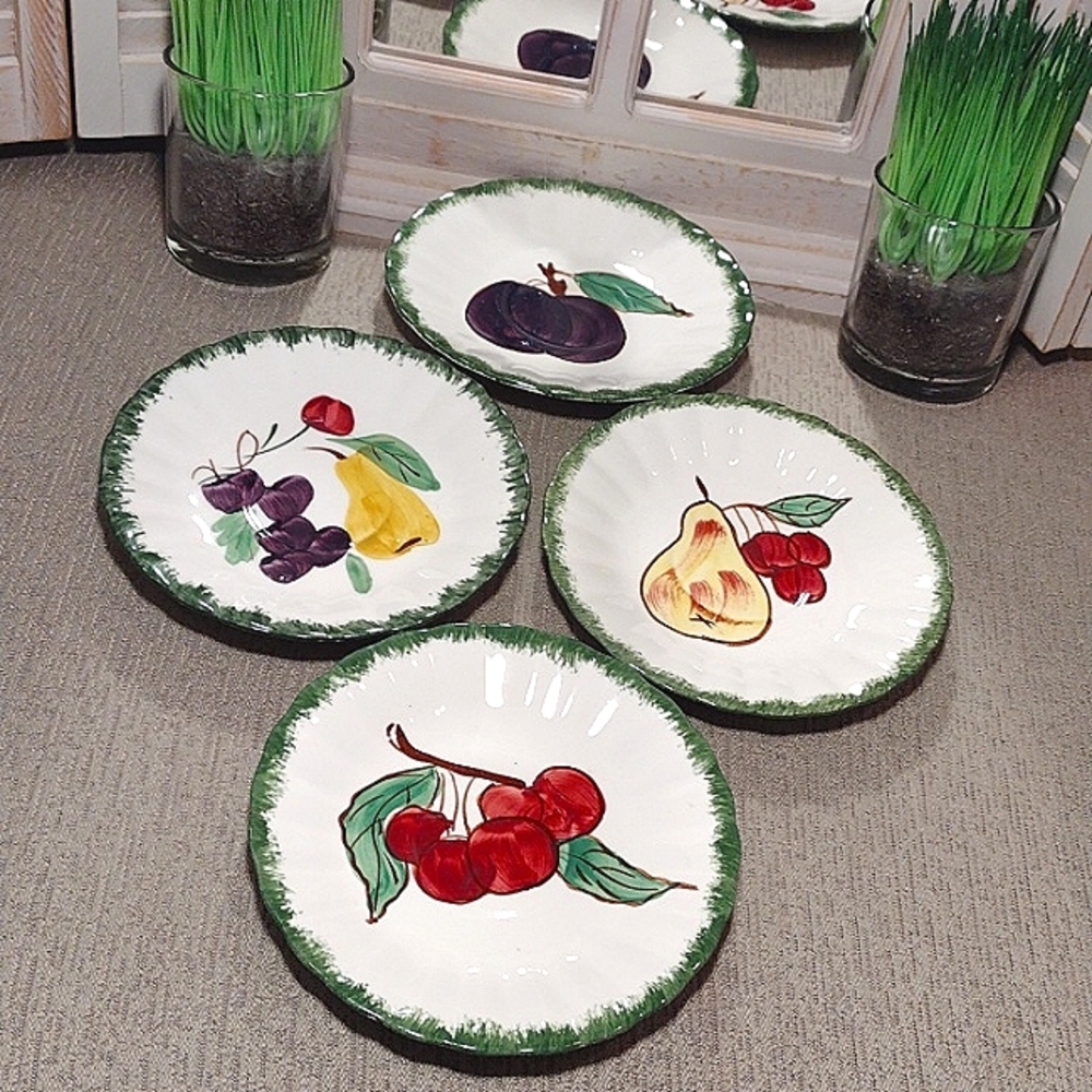 Blue Ridge 🍒 Hand Painted small Plates set of 4 Cherries, pears, grapes
